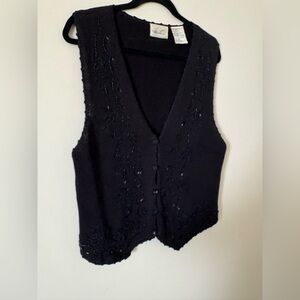 Vintage Kathie Lee Embroidered Bead Work Cable Knit Vest Boho Black‎ SzM